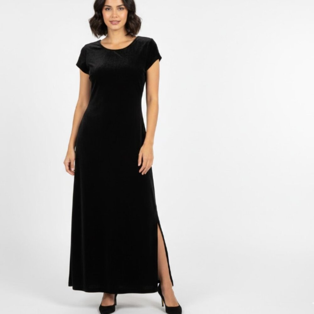 NWT Vintage Karen Kane Large Black Velvet Side Slit Maxi Dress Evening Goth‎
